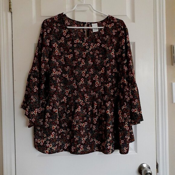 Time and Tru Women's XXL (20) Black Floral Tiered Peplum 3/4 Bell Sleeve Blouse - Picture 1 of 10